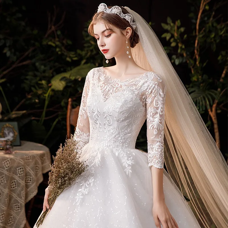Boat Neck Wedding Gown With Train 2024 Three Quarter Sleeve Lace Up Bridal Ball Gown Robe De Mariee Vestido De Noiva Customized 4