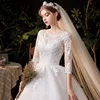 Boat Neck Wedding Gown With Train 2024 Three Quarter Sleeve Lace Up Bridal Ball Gown Robe De Mariee Vestido De Noiva Customized 4