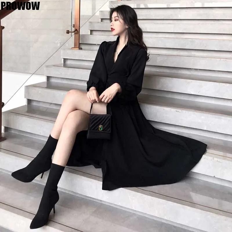 2020 Spring Autumn Women V Neck Lantern Sleeve Casual Long Dresses Ladies Korean Elegant Plus Size Chic Slim Dresses Vestidos