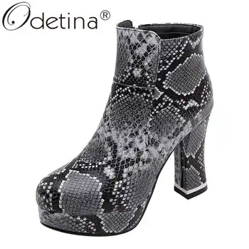 

Odetina Women New Round Toe Side Zipper Snakeskin Ankle Boots Ladies Fashion Winter Platform Block Extreme High Heel Short Boots