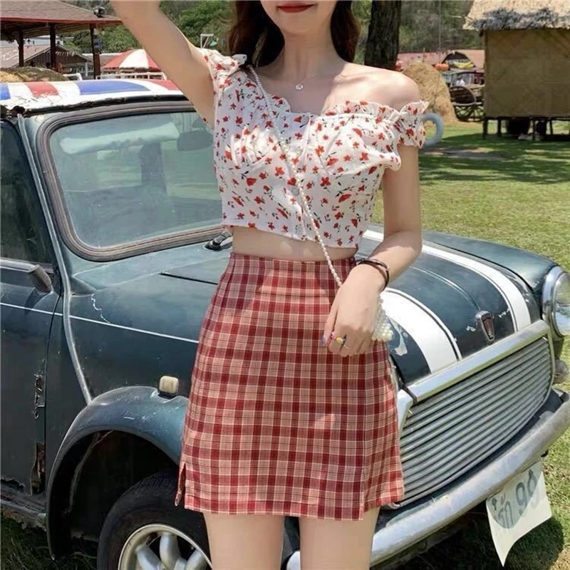 Women Fashion Cotton Plaid Harajuku Bodycon Skirt Summer Europe Style Split Chic High Waist Wild Bottom Security mini skirt