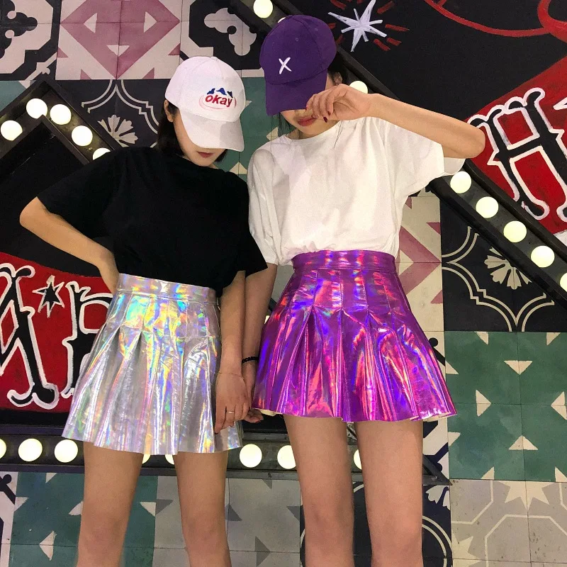 

Women Shiny Liquid Flared Pleated A Line Circle Skater Skirt Girl Harajuku Laser Reflective Fluorescence High Waist PU Leather