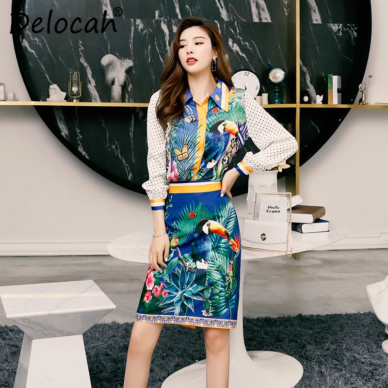 

Delocah Women's Autumn Winter New Set Runway Fashion Designer Long Sleeve Slim Blouses + Printed Ladys Skirt Two Pieces Suits