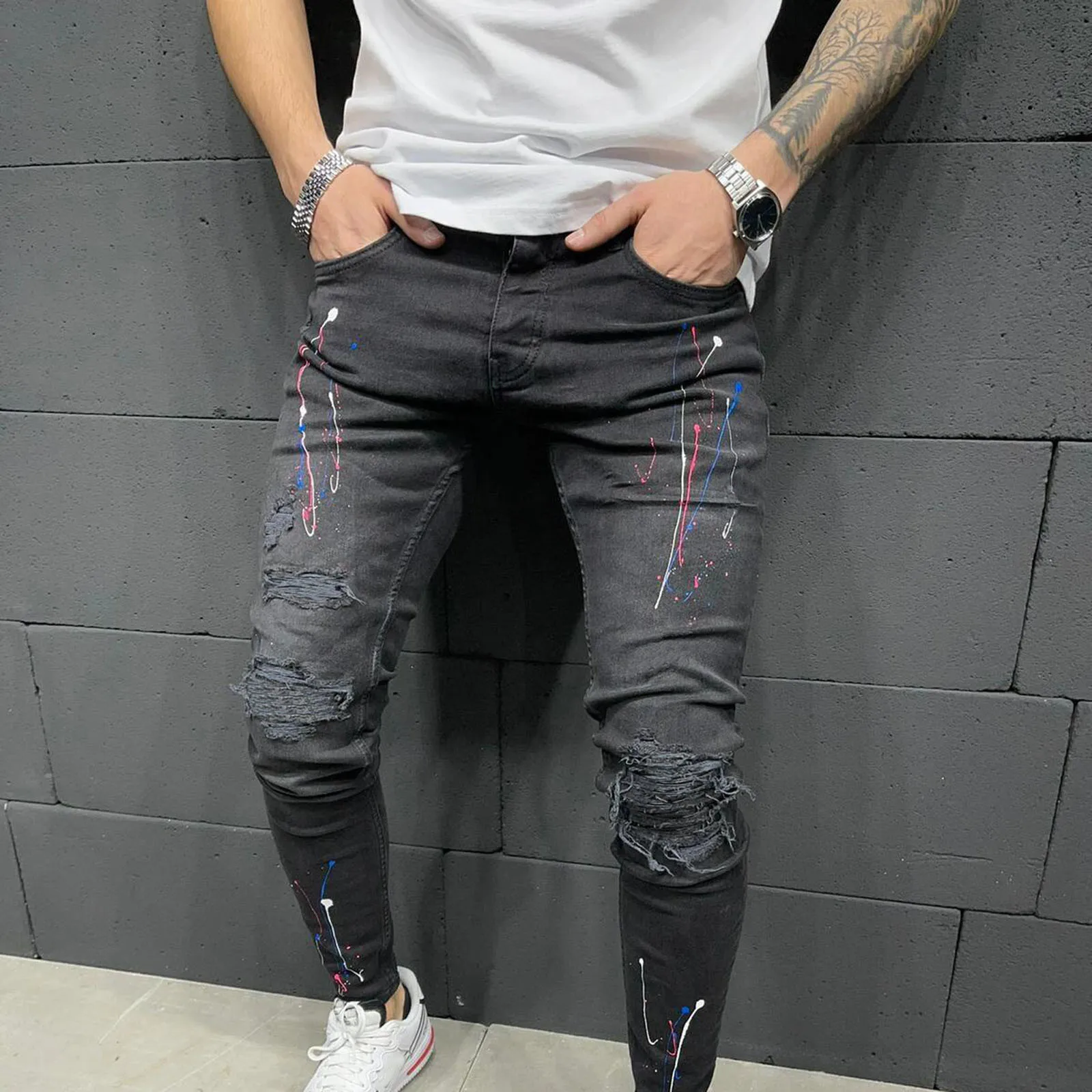 Men's Simple Denim Pant Casual Bodybuilding Pocket Denim Hole Sports Full Length Pants Comfy Fashion Daily Jeans Free Shipping 2