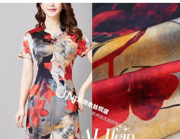 Jiangnan Impression тонкий шелк эластичный атлас модифицированный Xiangyun пряжи направленности печатных модное платье шелковая ткань ткани