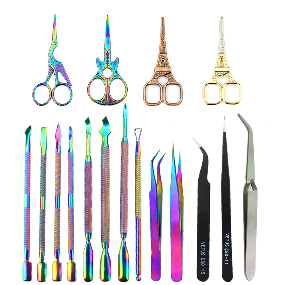 

Stainless Steel Rainbow Pusher Scissor Black Eyelash Tweezers Cuticle UV Gel Remove Tools
