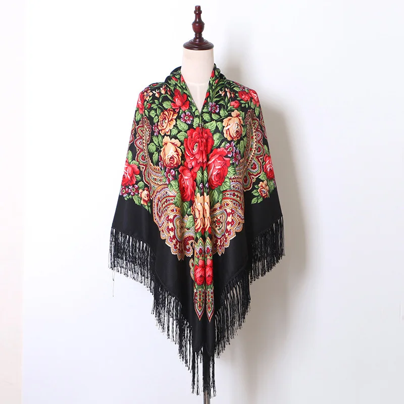 160*160cm Russian Style National Square Scarf Winter Warm Blanket Shawl Retro Ladies Large Fringed Scarves Hijab Head Wraps 90 90cm russian national square scarf for women cotton big flower print shawl head scarves ladies retro fringed foulard bandana