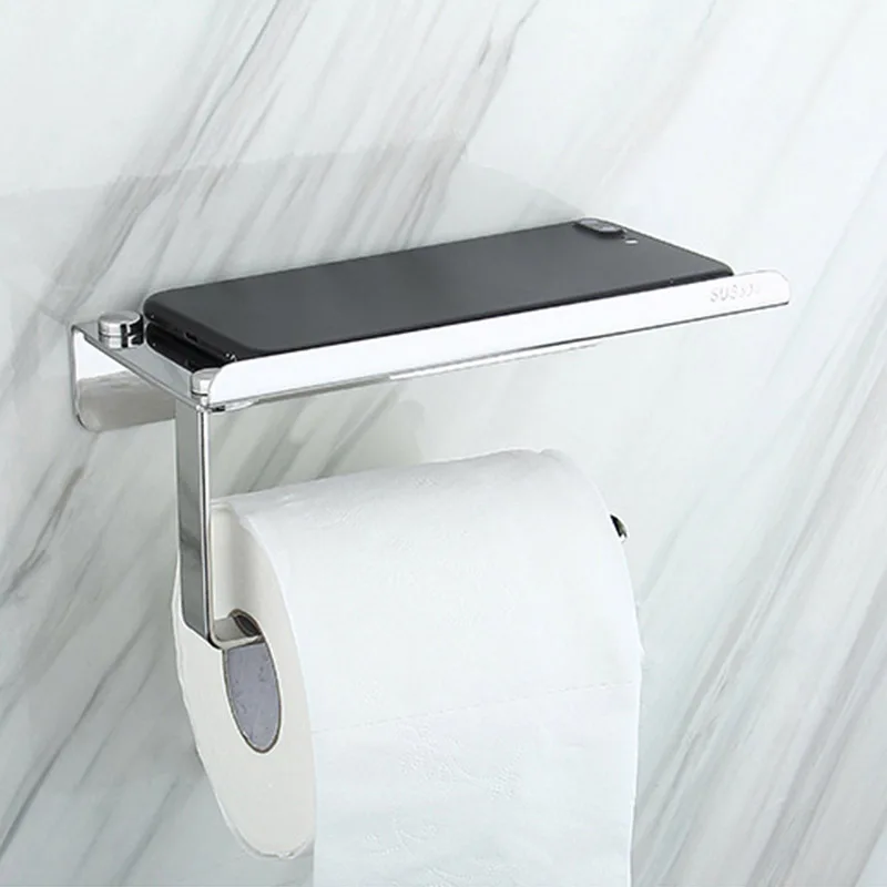 304 Stainless Steel Toilet Paper Holder with Mobile Phone Storage Shelf Holders Wall Mounted Rack JA55