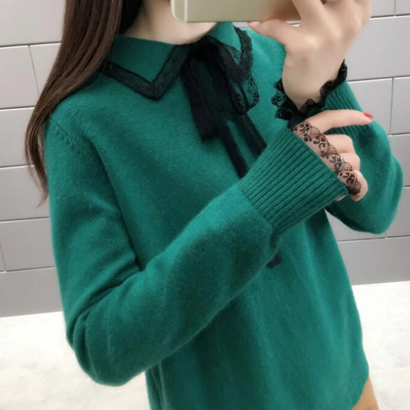 

College style Casual Spring Women Slim Sweater Winter Knitted Sweater Lace bow-knot lapel Knitting Pullover Womens Sweaters s307