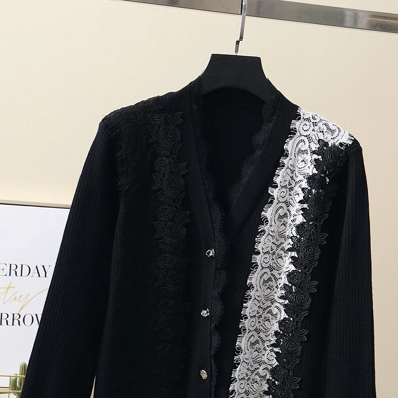 Модный кружевной свитер в стиле пэчворк, женский кардиган с длинным рукавом и v-образным вырезом, кружевная трикотажная рубашка с вышивкой, Женское пальто, Яркие кардиганы