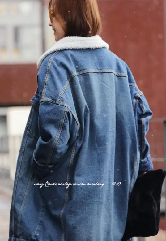 

2019 Autumn And Winter Large Size plus Velvet Jeans Coat Thick Mid-length Lambs Wool Cotton-padded Clothes Overcoat Women's