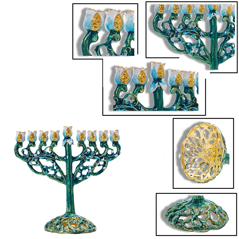 H& D 9 ветка ханукальные свечи Menorah ручная роспись Виноградная лоза цветов изогнутые Chanukiah Menorah домашний декор Jerusalem подарок(зеленый