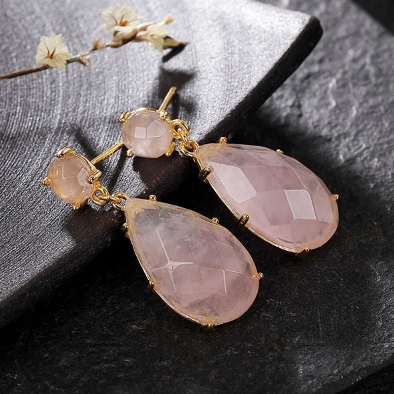 

Unique Rose Quartz Jewelry Round Circle Teardrop Shape Studs Golden Earrings Pink Natural Stone 925 Silver Earrings Female