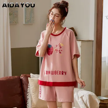 

Womens Fashion 100% Cotton Home Wear Pink Ladies Home Wear Cute Cartoon Sleepwear Spring Summer Loose Casual Pyjamas