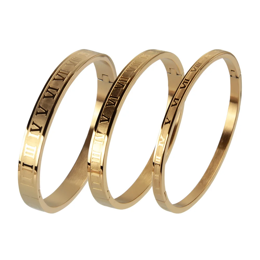 4mm 6mm 8mm Wide Stainless Steel Carving Roman Numerals Gold Color Men Bangle Lover Cuff Bangle Woman Jewelry For Gift D09 bangle bracelet stainless steel bracelet