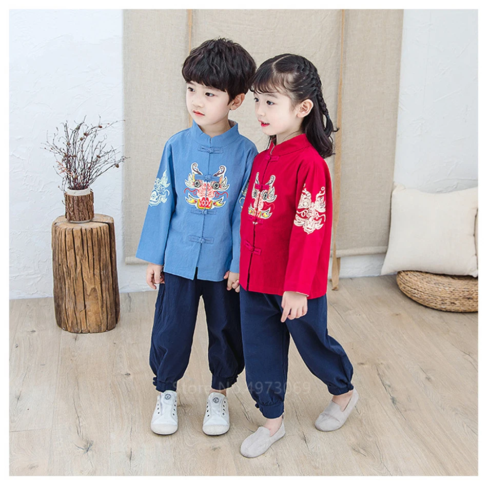 Традиционная одежда в китайском стиле, 4 цвета костюм династии Тан для маленьких мальчиков и девочек, Новогодний комплект из льняного топа и штанов с принтом дракона