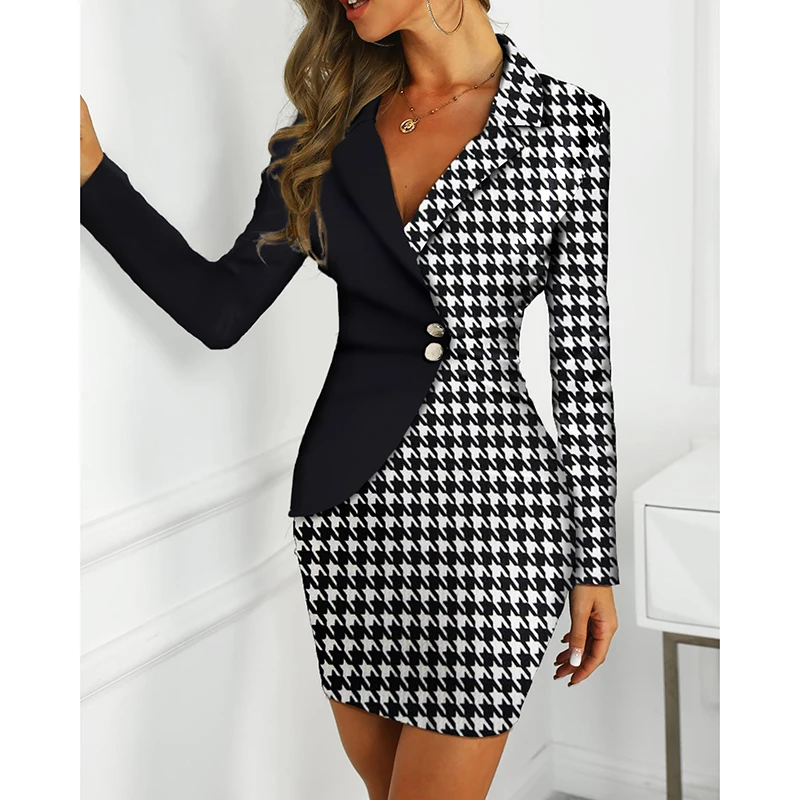 

Colorblock Houndstooth Insert Blazer Dress Women Nothed Neck Patchwork Dress Elegant Office Wear OL Ladies Plaid Blazer Vestidos