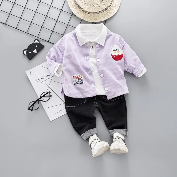 

2019 Fashion New Style Autumn Clothing Children Baby Funny Egg Three-piece Set Korean-style Cartoon Shirt Set