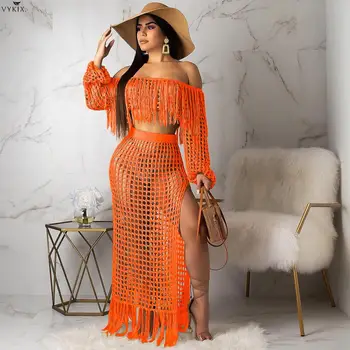 

Two Piece Skirt Set Gauze Grid Hollow Out Beach Two Piece Set Off Shoulder Tassel Short Top High Side Split Skirt Set Long Dress
