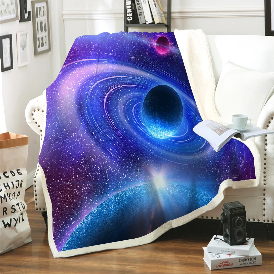 Galaxy Flannel Throw Blanket 3D Outer Space Sherpa Fleece Microfiber