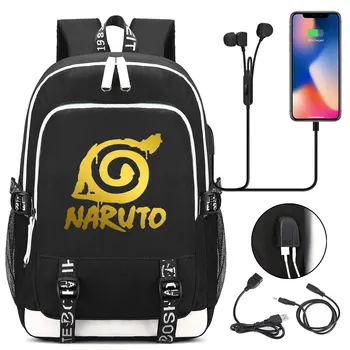 

New Golden Cartoon Uzumaki Naruto USB Headphone Jack Boy Girl Kids School bag Women Bagpack Canvas Men Backpack Packsack Bookbag