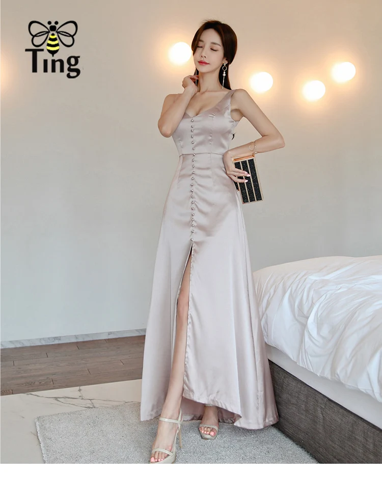 Tingfly классическое винтажное атласное вечернее платье сексуальное длинное платье-комбинация женское летнее платье с декоративной передней пуговицей