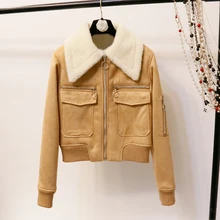Двухсторонний мех пальто осень зима стиль Короткие с высокой талией мех ягненка лацкан утолщение локомотив хаки обрезанная куртка