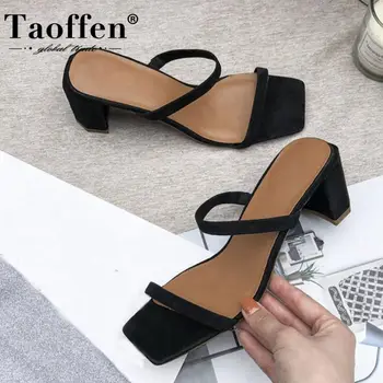 

Taoffen Genuine Leather Summer Shoes Women Sandals Bling Thick High Heel Shoes Slip On Shallow Shoes Lady Footwear Size 33-40