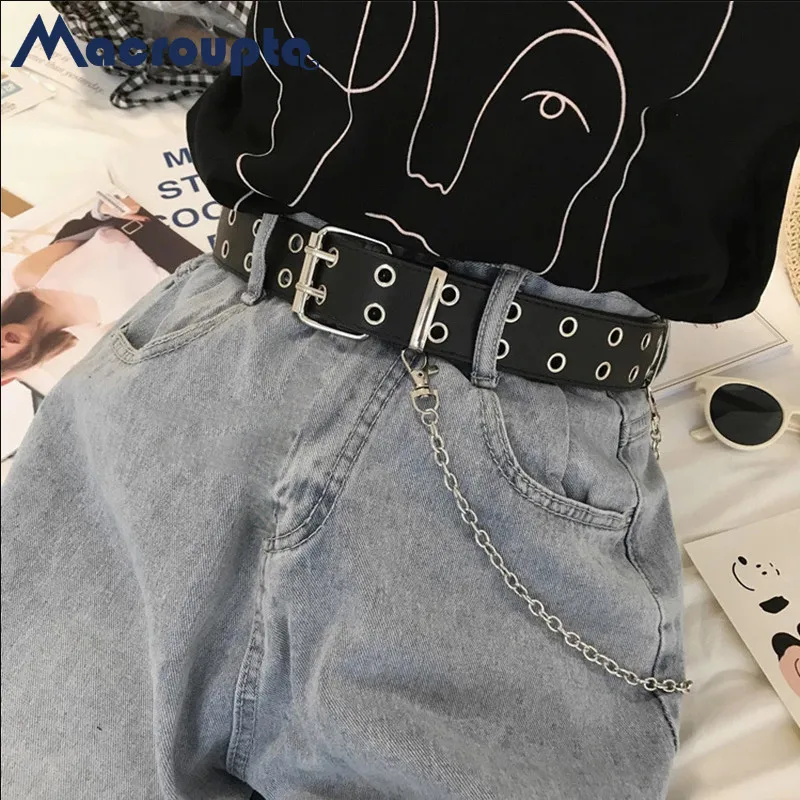 Moda Harajuku cintura a catena Punk da donna regolabile nero doppio/singolo occhiello passacavo fibbia in metallo cintura in pelle per Jeans