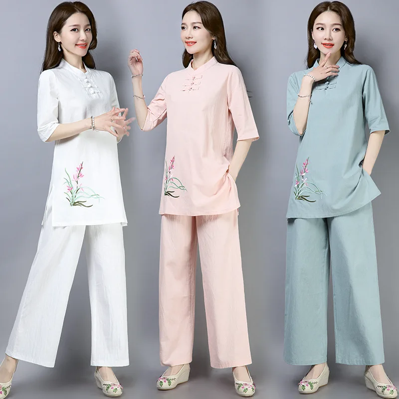 

2019 Chinese-style Summer New Style Cotton Linen Embroidered Frog Chinese Style Cotton Linen Yoga Suit Leisure Suit