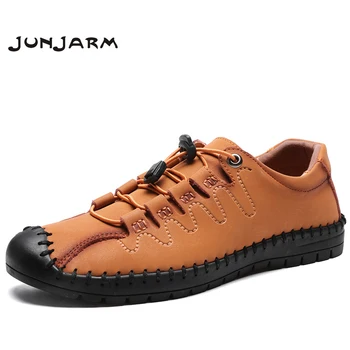 

JUNJARM Handmade Men Shoes Casual Leather Shoes Men Breathable Lightweight Men Driving Shoes Lace Up Men Footwear Size 38-46