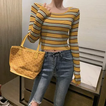 

Women Fashion Casual Striped Print Slim Thin Sweater Long Sleeve Round Collar Slim Bottom Knit Sweater Autumn Winter Sweater