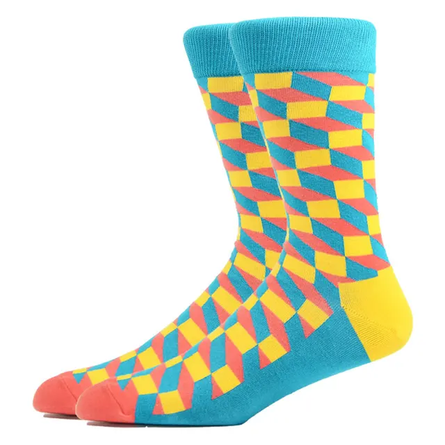 Fashion Man Socks Geometric Color Combed Cotton Autumn Winter Warm Breathble Couple Long Socks For Men Women Happy Wedding Gifts CN11057-5