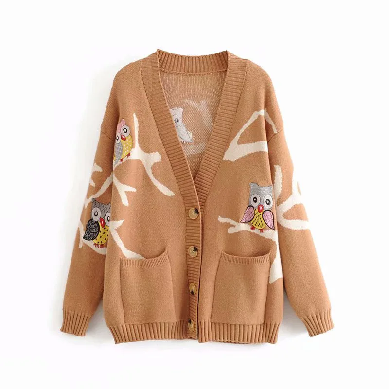 

Knitted Cardigans Sweaters Women Spring and Autumn Owl Embroidery Sweaters Coat Double Pocket Tops Ladies Sweaters Loose Outwear