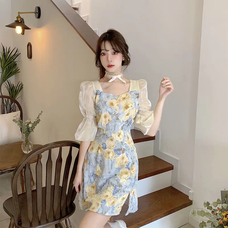 Dresses Women Spliced Romantic Printed Korean Style Elegant Empire Side-slit Feminine Trendy Vestdios Sweet Female Puff Sleeve zara dresses