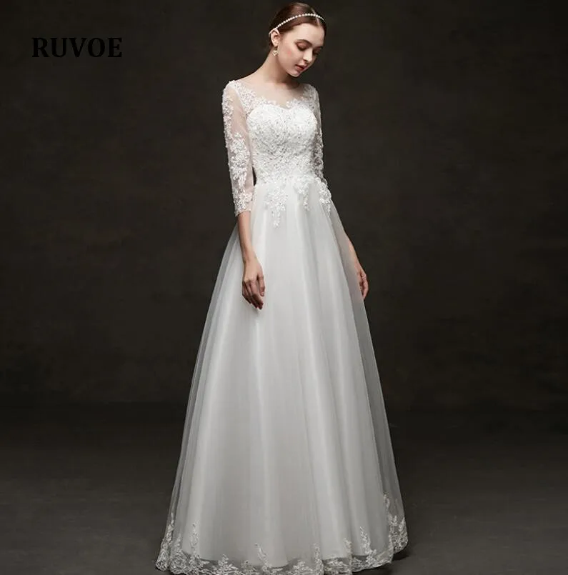 Три четверти рукав Свадебные винтажные платья со шнуровкой вышивка Vestidos De Noivas плюс размер свадебные бальные платья SZ-17