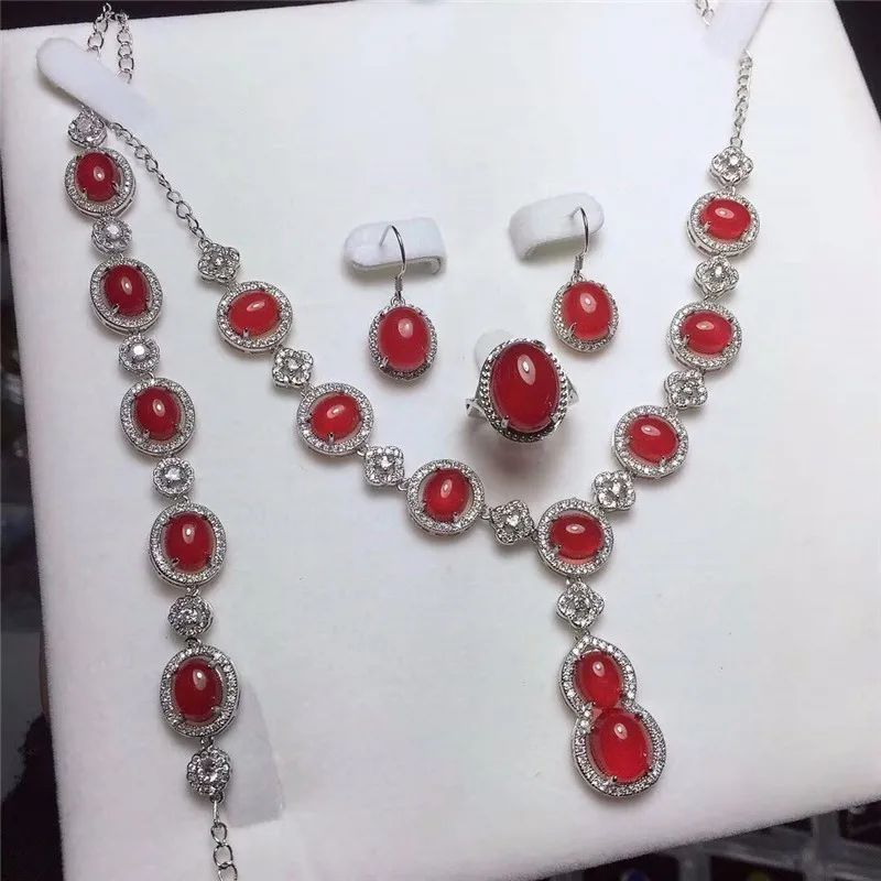 LETSFUN Fine Jewelry 925 серебро инкрустированный природный красный халцедон кулон ожерелье кольцо браслет серьги набор подарки