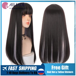 AILIADE Synthetic Long Straight Wigs Bangs Cosplay Wigs For Women Black Gray Party Lolita False Hair Wigs