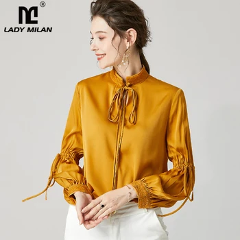 

100% Pure Silk Women's Runway Shirts Embroidery Stand Collar Long Sleeves Lace Up Fashion Blouse Tops