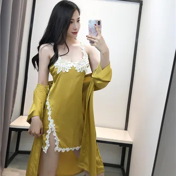 

BZEL Sexy Lace Women's Sleepwear Satin Silk Pajamas Sets 2 Pieces Nightwear Pyjama Robes Pijama With Chest Pads Fashion Homewear