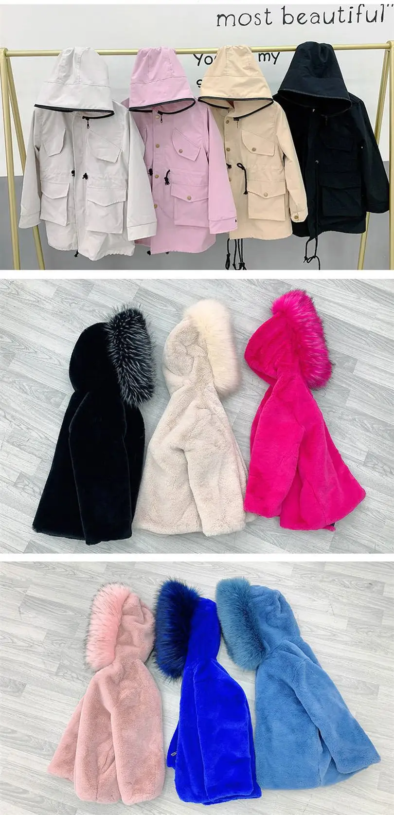 Коллекция года, зимние детские пальто из искусственного меха кролика рекс для девочек и мальчиков детские куртки с капюшоном и воротником из искусственного лисьего меха K24