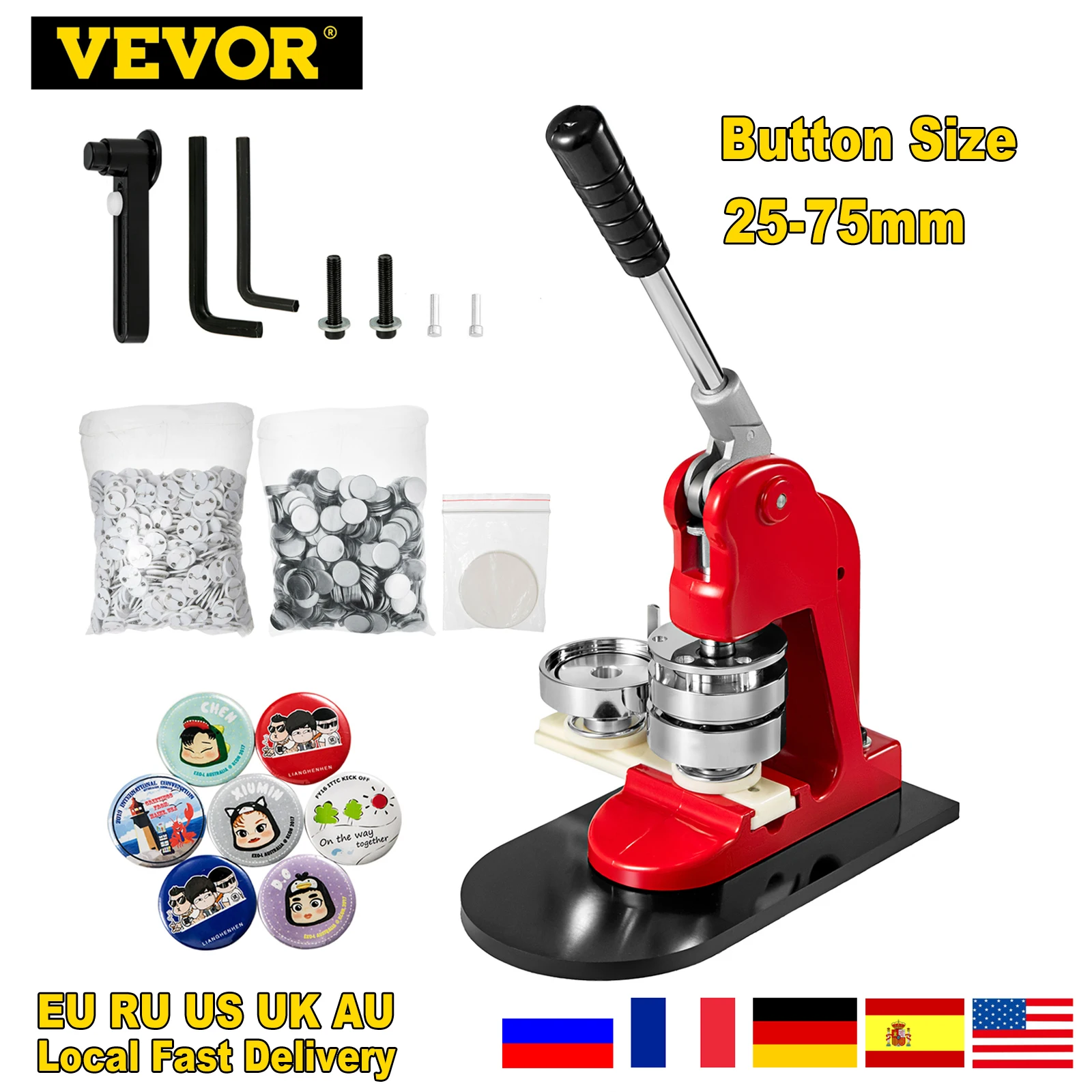 VEVOR Press à Badages 25-75mm Bricolages Machine à Badge Set de 500/1000 Badges VEVOR Press à Badages 25-75mm Bricolages Machine à Badge Set de 500/1000 Badges
