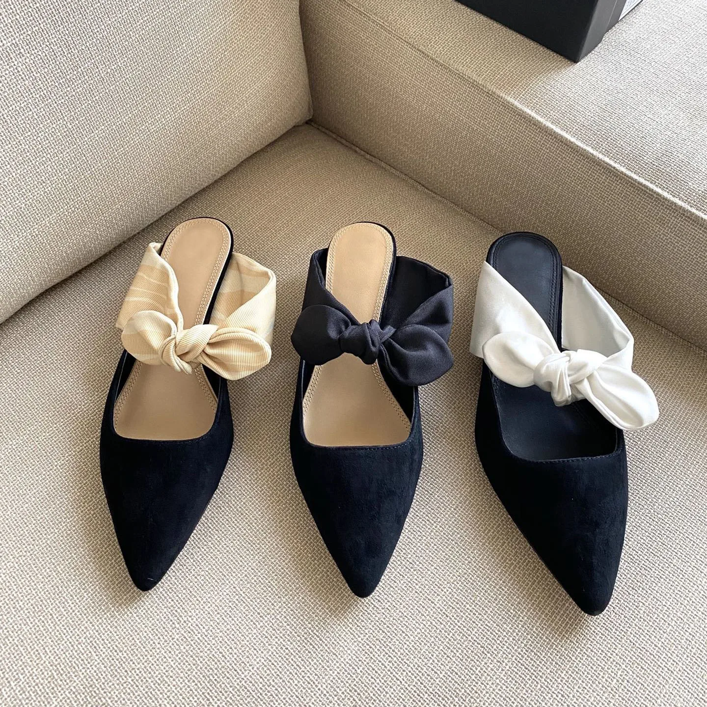 Autumn Women Mules Flock Slippers Butterfly-knot Decor Shoes Pointed Toe Leisure Sandals For Sweet | Обувь