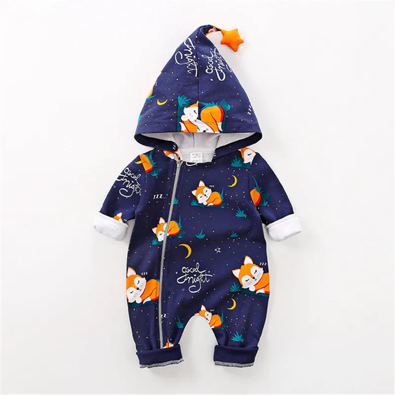 Baby Rompers Clothes Casual Hooded Long Sleeve Newborn Boys Girls Jumpsuits Outfits Cute Fox Infant Bebes Overalls 0-24months