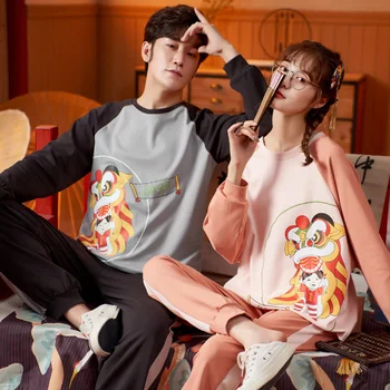 

XIZOU Autumn 100% Cotton Couple Pajamas Set Winter Long Sleeve Loose Warm Nightwear for Women O-Neck Print Soft Men Sleepwear