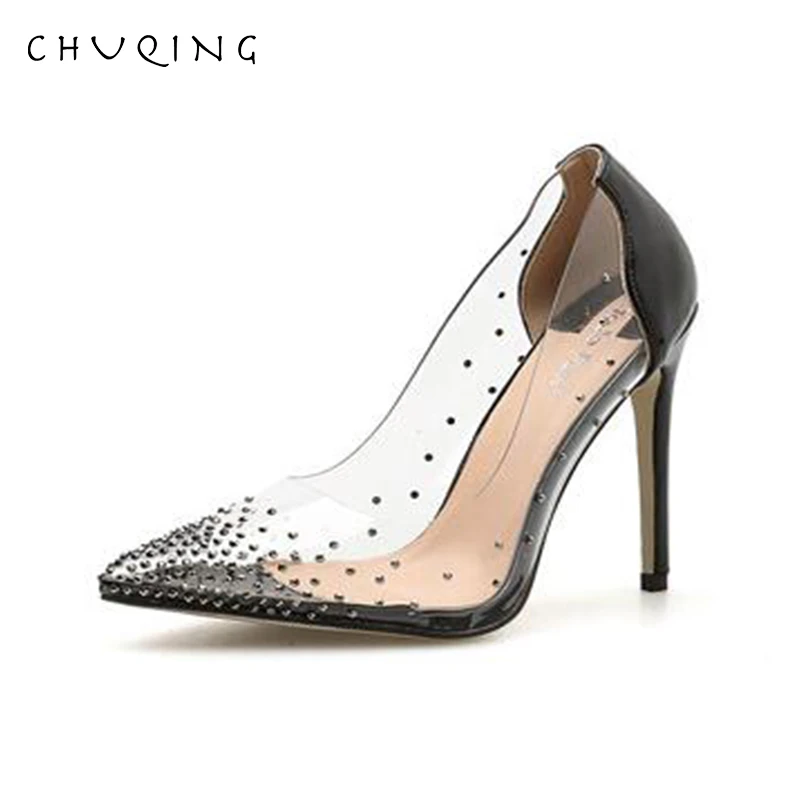 

CHUQING 2019 Spring and Autumn New Fashion Transparent Rhinestone Stiletto Women's Shoes Pointed Shallow Mouth High Heels