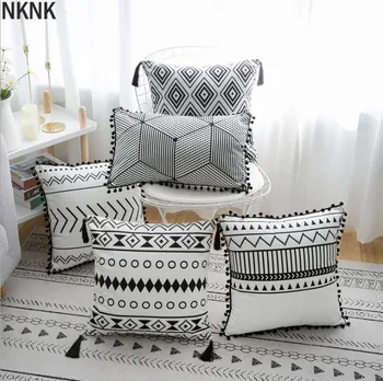 

Black White Velvet pillowcase cushion pillow sham with Tassels Geometric Decorative Pillow ( not include pillow core ) 45x45CM