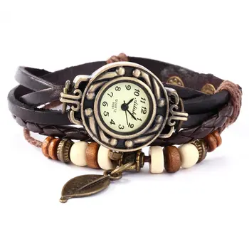 

Popular Retro Leather Strap Watch Fashion Leaf Angel Wings Pendant Quartz Bracelet Wristwatch With Arabic Numerals Dropshipping
