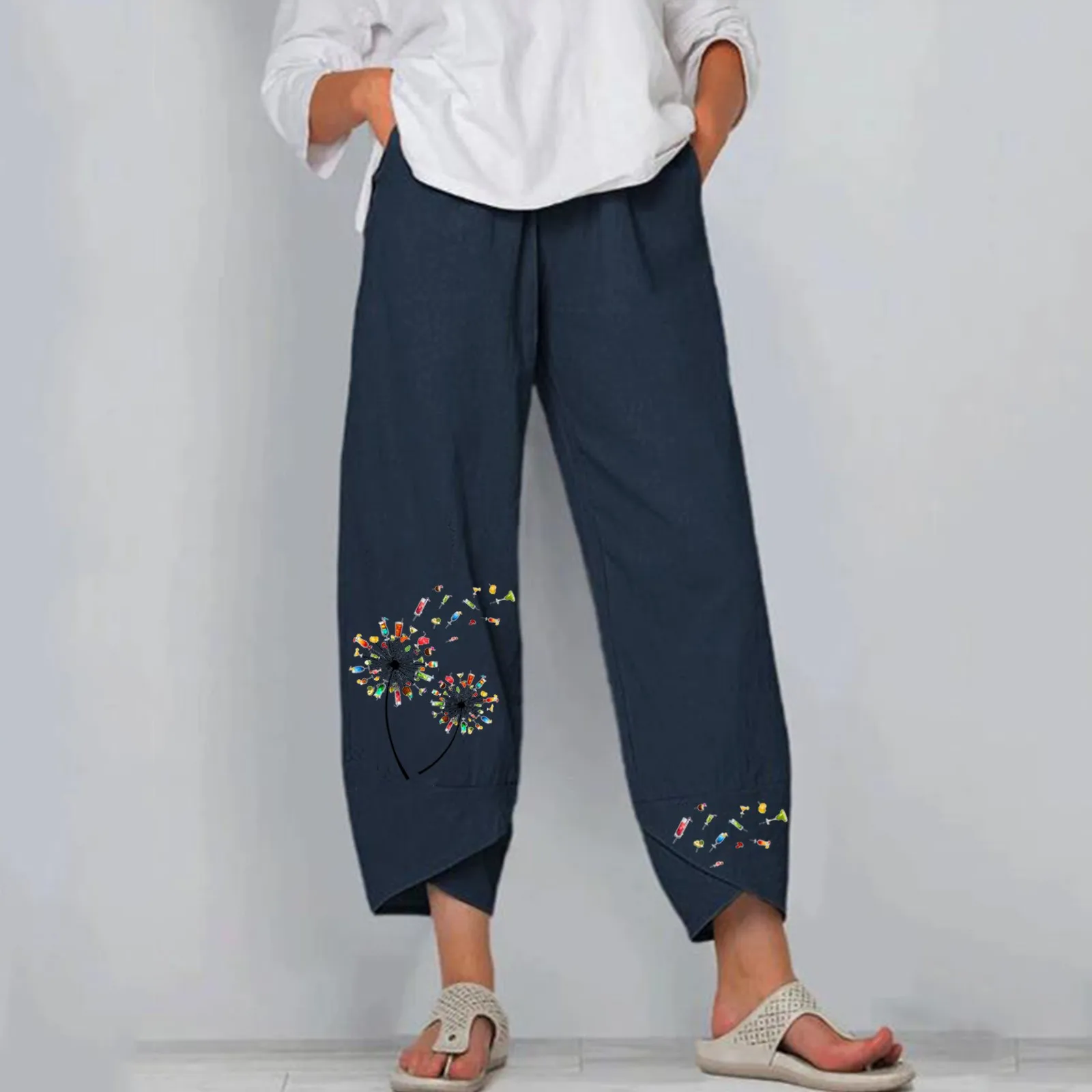 

2021 Women Casual Harem Pants Elastic Waist Wide Leg Pants Plus Size Vintage Dandelion Print Trousers Female Loose Summer Pants