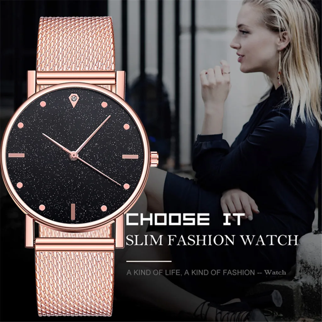 Relojes de moda para mujer, pulsera de cuarzo ultrafina con correa de malla de acero inoxidable, Reloj clásico de oro rosa informal